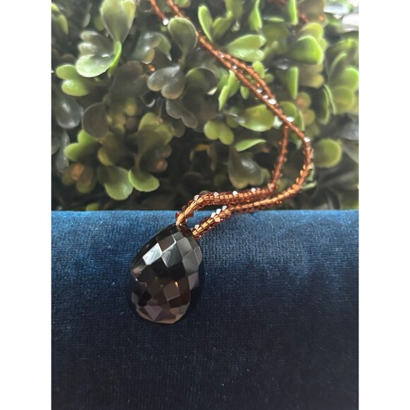 Miriam Haskell Jewelry - Vintage Miriam Haskell Faceted Black Teardrop Pendant Necklace With Brown Beaded